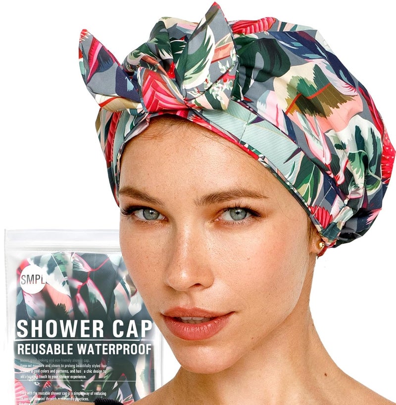 SMPL objects Reusable Shower Cap for Women Reusable Waterproof â€“ Leakproof, Nonslip Hair Cap for Shower Flexiband â€“ Soft, Breathable, Durable Christmas Shower Caps by SMPL OBJECTS (Tropical) - Image 1